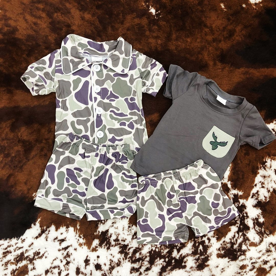 Summer Sibling Boys Brother Green Camo Hunting Deer Shorts Set