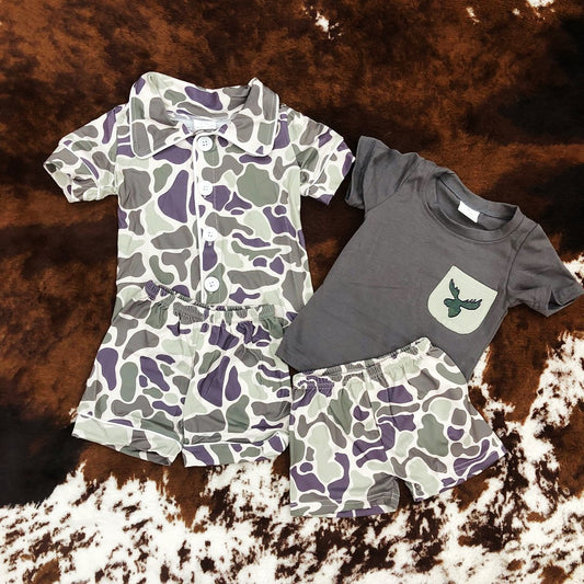 Summer Sibling Boys Brother Green Camo Hunting Deer Shorts Set