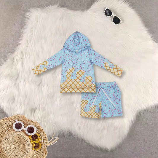 Kids Sibling Boys Ice Cream Drip Long Sleeve Hoodie Top With Shorts Set