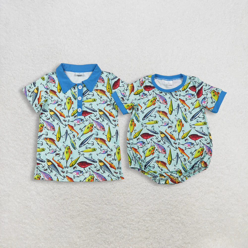 Sibling Baby Boys Summer Fishing Short Sleeve Shirt Top /Bubble Romper