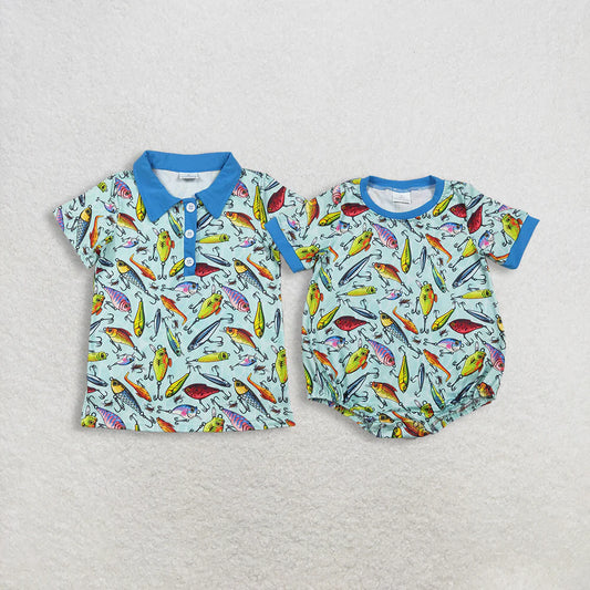 Sibling Baby Boys Summer Fishing Short Sleeve Shirt Top /Bubble Romper