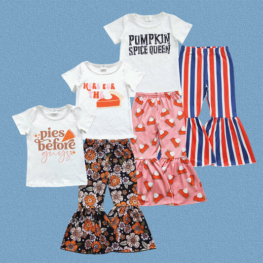Sibling Baby Girls Fall Pumpkin Short Sleeve Top With Bell Bottom Pants Outfit