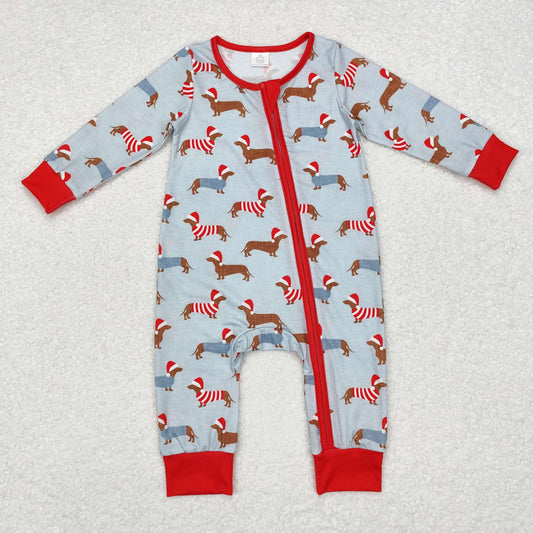 LR1082 Baby Boys Christmas Cute Dog Long Sleeve Bamboo Zip Romper