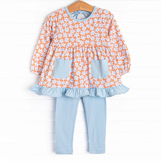 Baby Girls Long Sleeves Floral Blue Pockets Tunic Legging Pants Set Preorder  5 MOQ