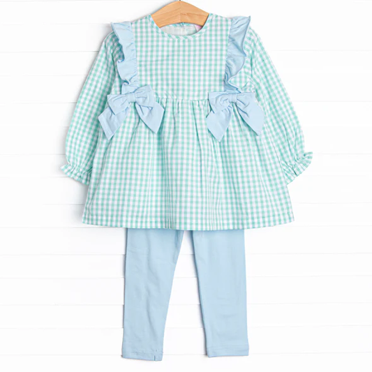 Preorder 5 MOQ Baby Girls Garden Mint Gingham Bow Tunic Top With Legging Set