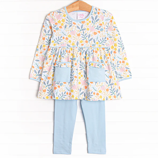 Baby Girls Long Sleeves Yellow Floral Blue Pockets Tunic Legging Set Preorder 5 MOQ