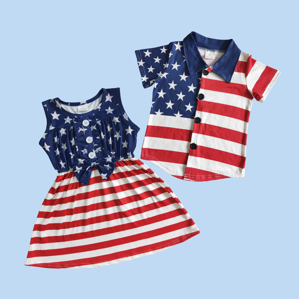 Sibling July 4th Red White Blue Stars Striped Dress Shirt Top