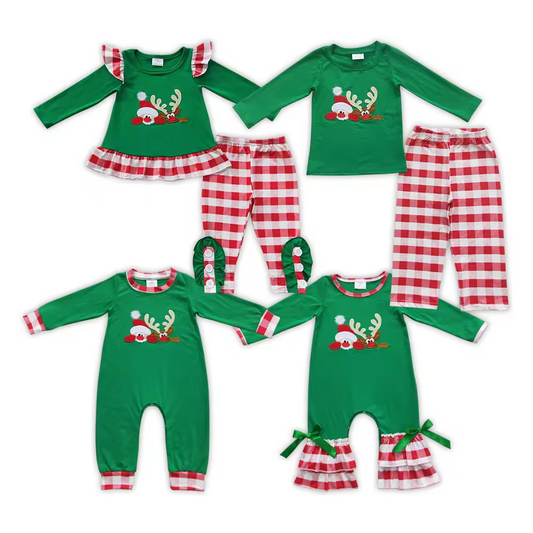 Baby Girls Boys Sibling Christmas Santa Elk Embroidery Outfit and Romper