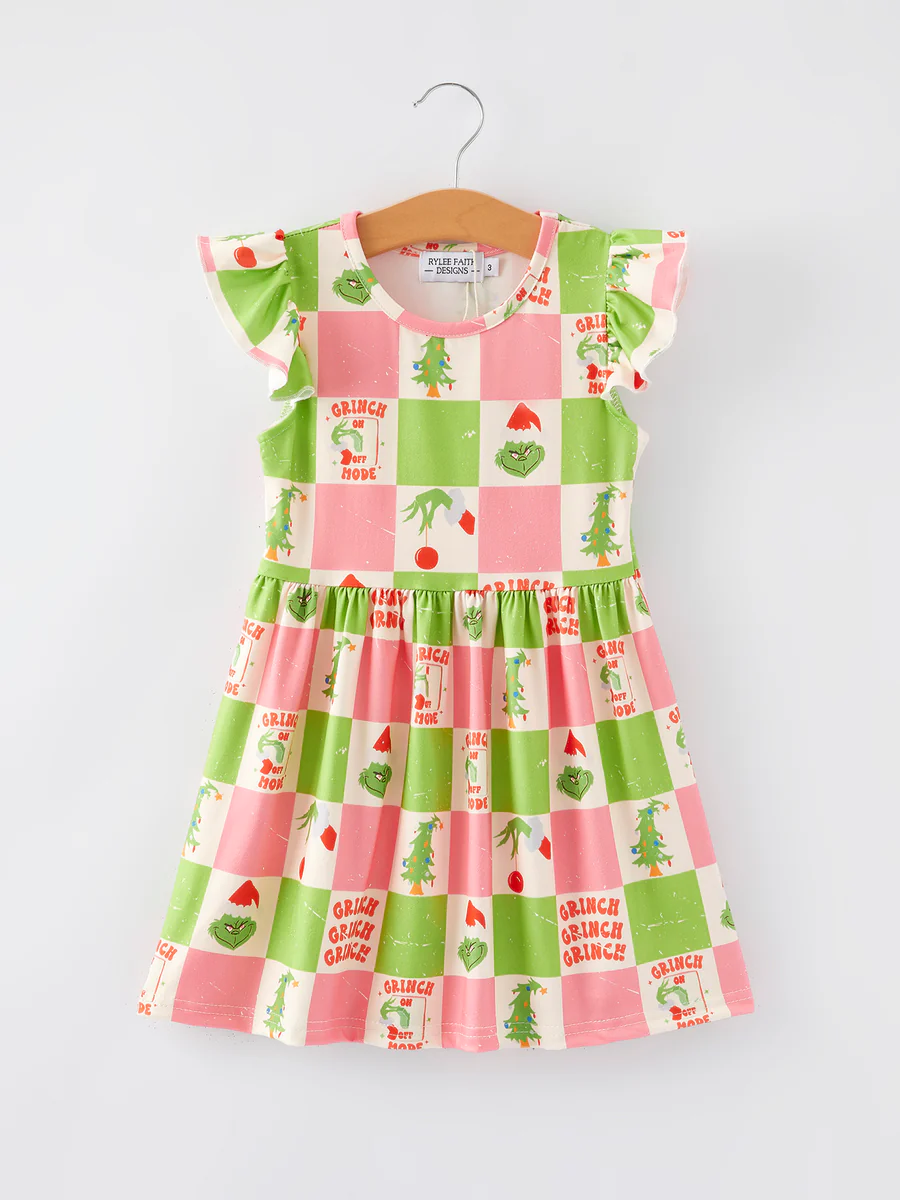 Baby Girls Christmas Green Face Pink Checker Dress Preorder 5 MOQ