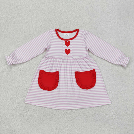 Baby Girls Pink Stripe Red Pockets Long Sleeve Valentines Dress