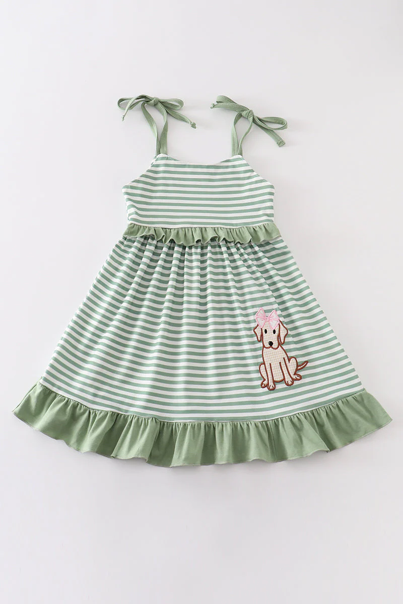 Baby Girls  Green Striped Dog Dress Pre-order 3 MOQ