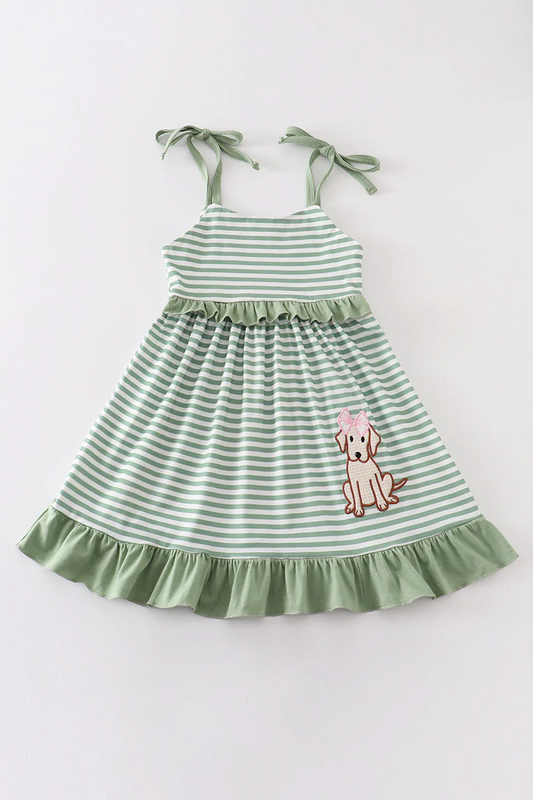 Baby Girls  Green Striped Dog Dress Pre-order 3 MOQ