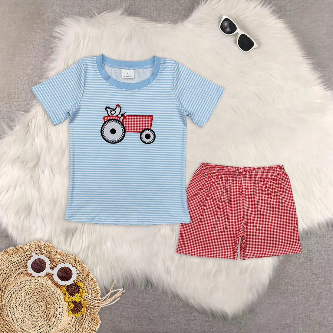 Toddler Baby Sibling  Embroidery Farm Chicken Shorts Set Romper