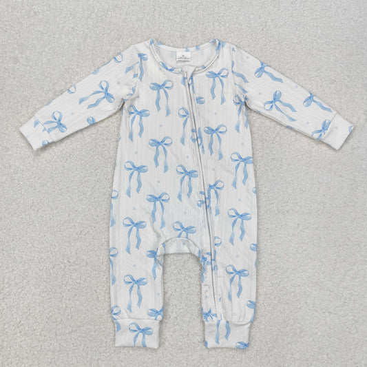 Baby Girls Long Sleeves Blue Bow Print Zipper Valentines Romper