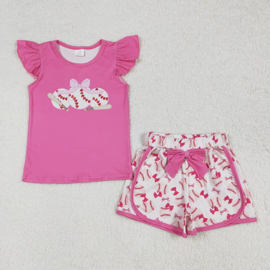 Baby Girls Pink Flutter Sleeves Baseball Bow Top Shorts Set