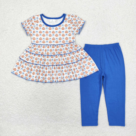 Toddler Girls Pumpkin Blue Bow Tunic Top Leggings Outfit