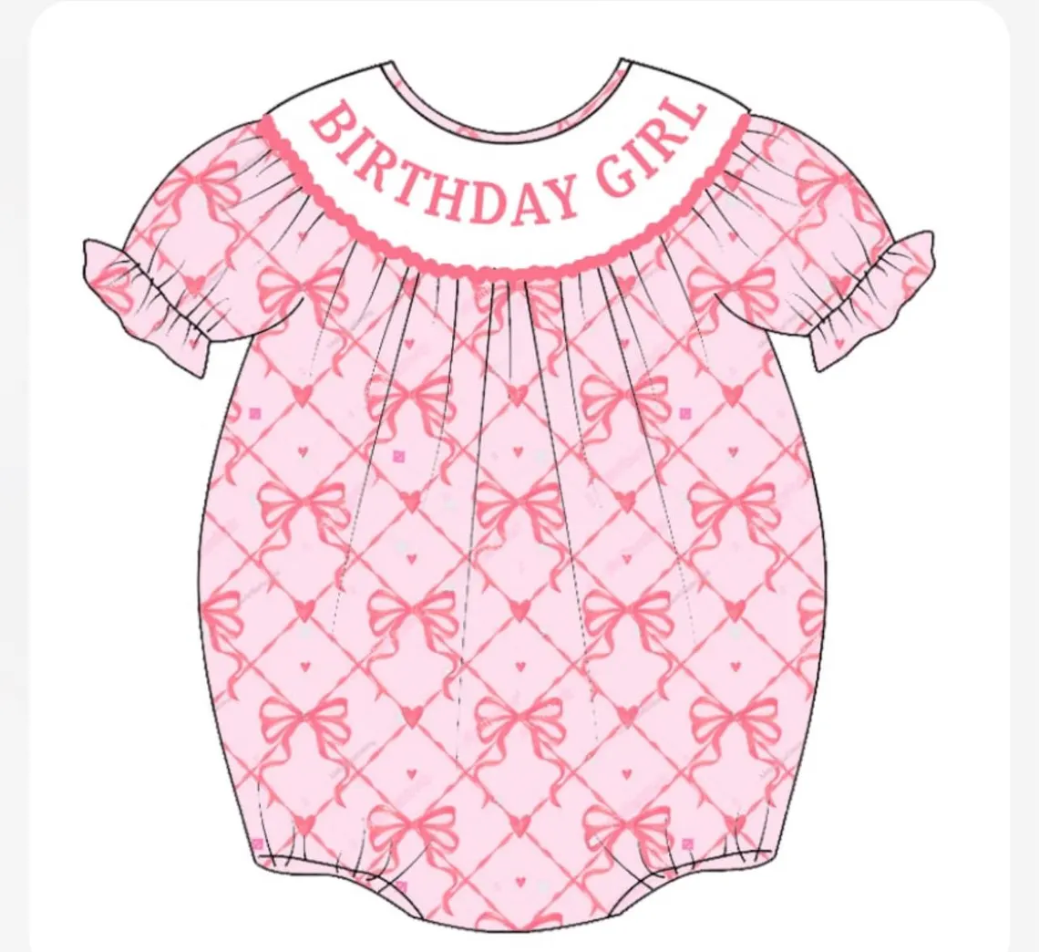 3 MOQ  Birthday Girls Pink Bow Romper Pre-order