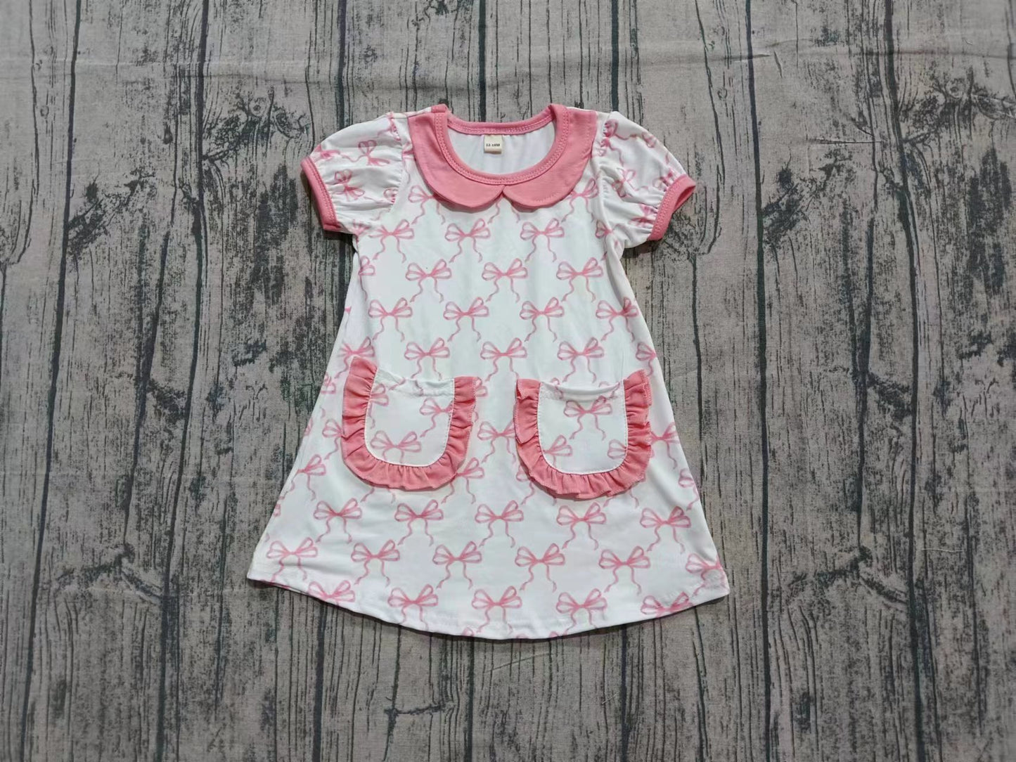 Preorder , 5 MOQ Baby Girls Pink Bow Short Sleeve Dress With Pocket