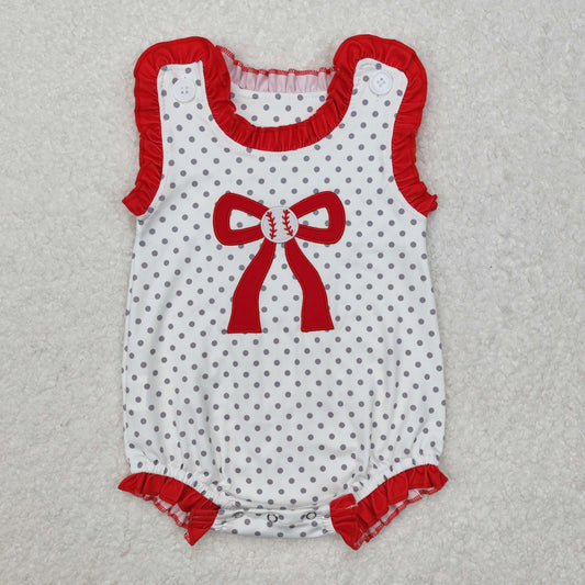 Baby Girls Sleeveless Polka Dots Embroidery Baseball Bow Romper