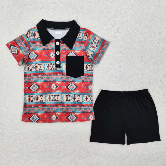 Baby Boys Aztec Print Button Down Pocket Top Black Short Set