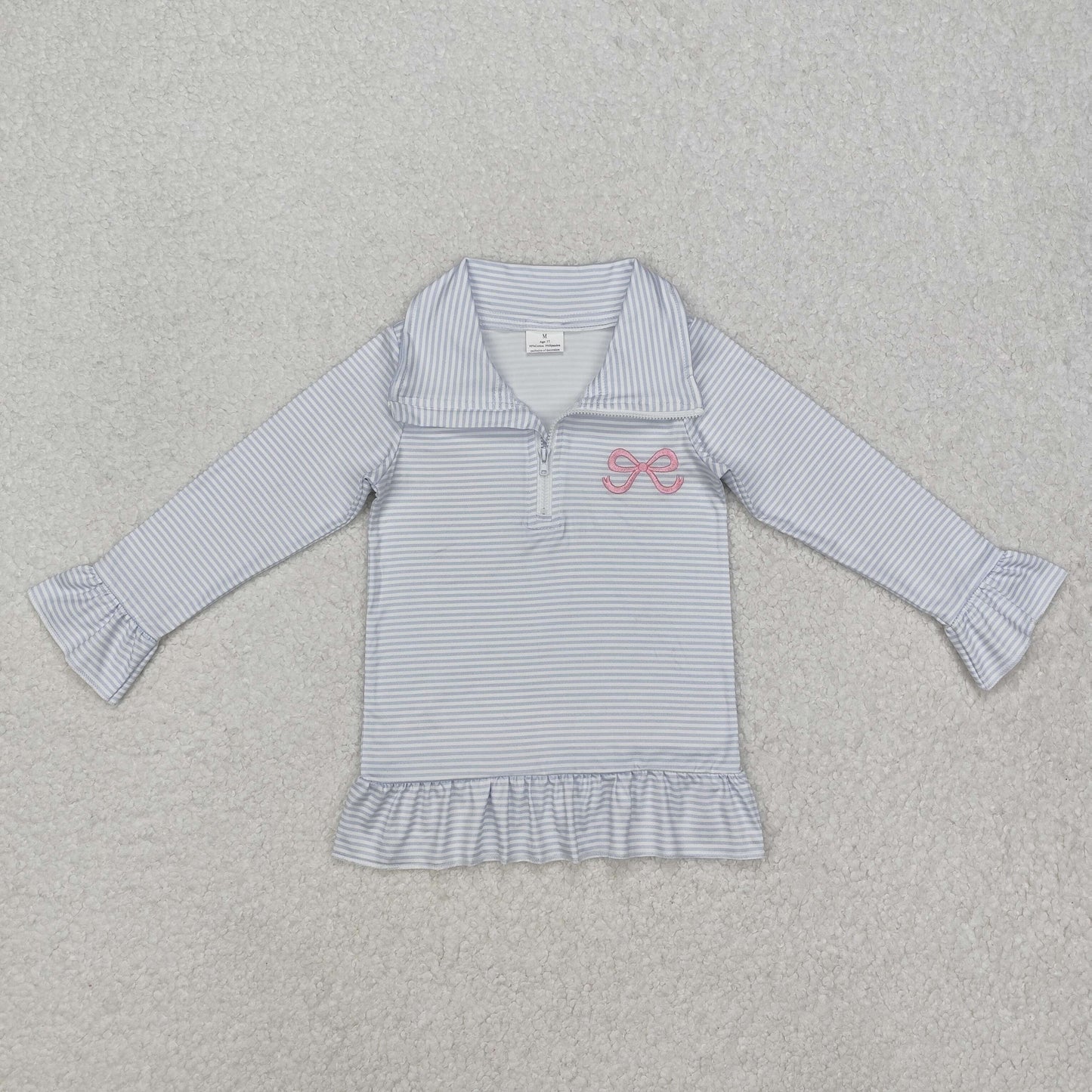 Sibling Baby Girls Stripe Long Ruffle Sleeves Embroidery Bows Shoes Zipper Pullover Top