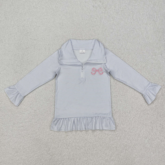 Sibling Baby Girls Stripe Long Ruffle Sleeves Embroidery Bows Shoes Zipper Pullover Top