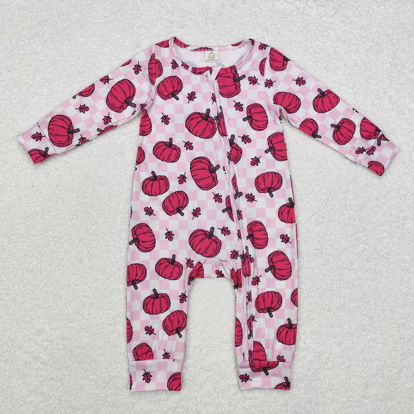 LR1456 Baby Girls Pink Pumpkin Checker Zipper Bamboo Romper