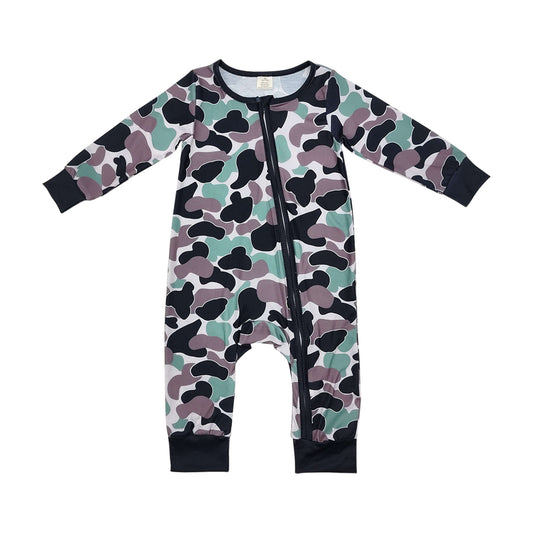 LR1460 Newborn Baby Boys Camo Zip Bamboo Romper