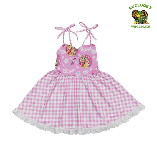 Baby Girls Doll Pink Ginghim Twirl Dress With Lace