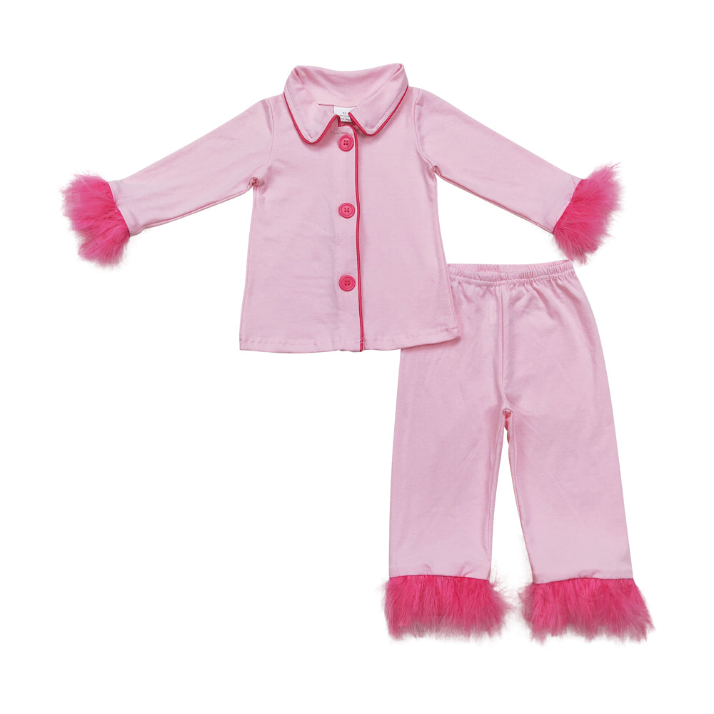 Baby Girls Pink Knit Cotton Pajama Set With Fur