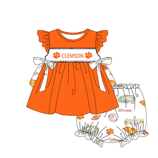 Preorder , 5 MOQ Baby Girls Clemson Team Bows Tunic Top Bummie Sets