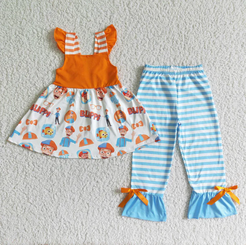 Baby Girls Orange Flutter Sleeves Glass Men Tunic Blue Stripe Ruffle Pant Set