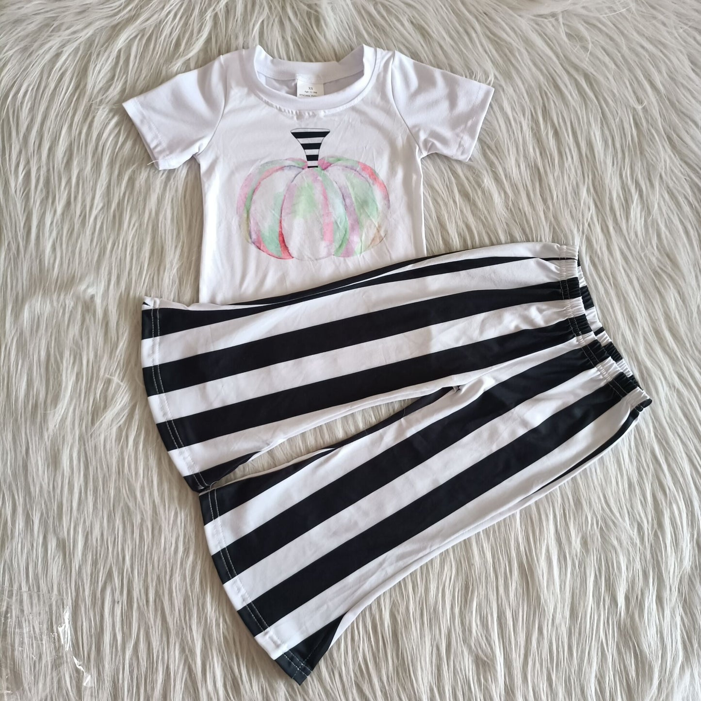 Pumpkin White Short Sleeve Top Striped Pants Set