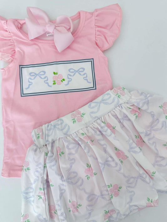 GSD2298 Baby Girls Summer Pink Flower Top Skirts Set