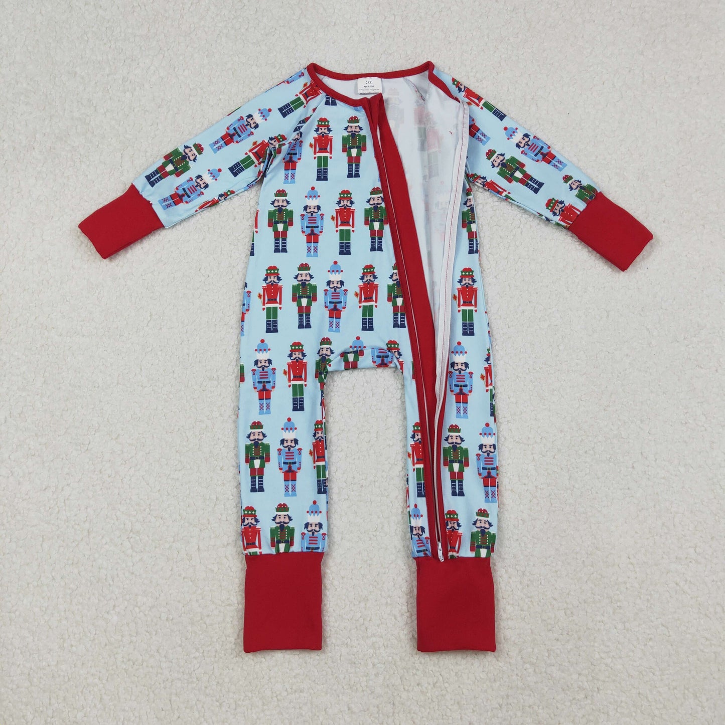 LR2599 Baby Boys Christmas Nutcracker Long Sleeve Footed Romper With Zippy