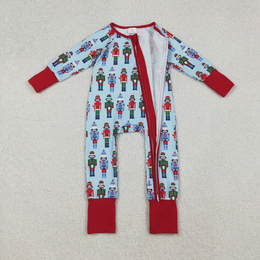 LR2599 Baby Boys Christmas Nutcracker Long Sleeve Footed Romper With Zippy