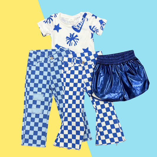 Kids Girls Sport Team Cheer Top With Blue Checked Jeans Outfit