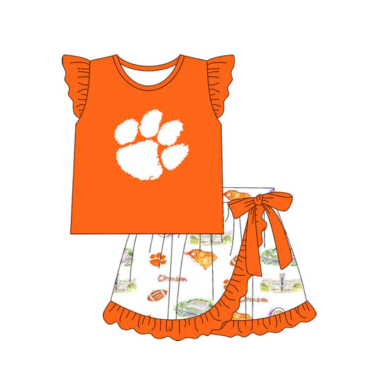 Preorder , 5 MOQ Baby Girls Clemson Team Tee Top Ruffle Skirts Clothes Sets