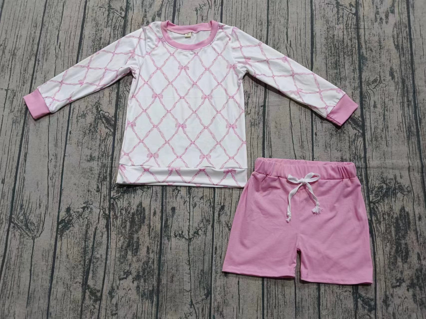 Preorder  5 MOQ， Kids Girls Trellis Bow Top With Pink Shorts Set