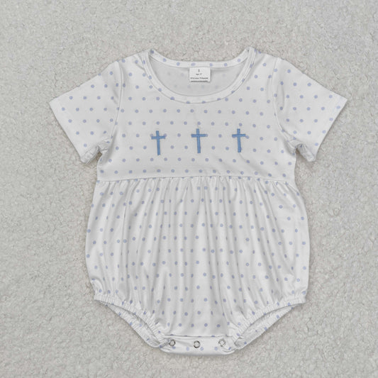 Newborn Baby Boys Blue Embroidery Cross Short Sleeve Bubble Romper