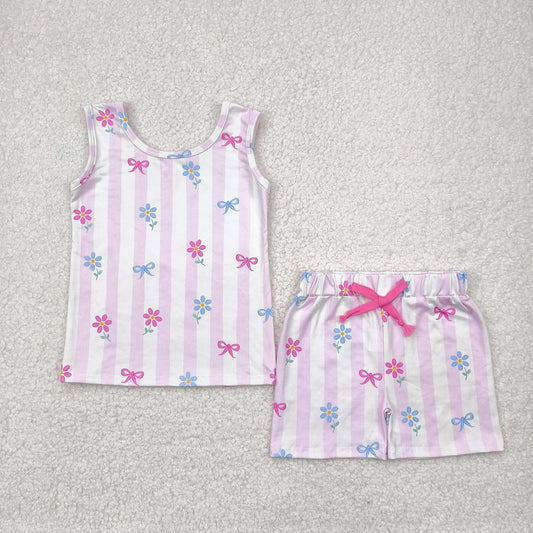 Baby Girls Blue Flowers Pink Striped Shorts Outfit