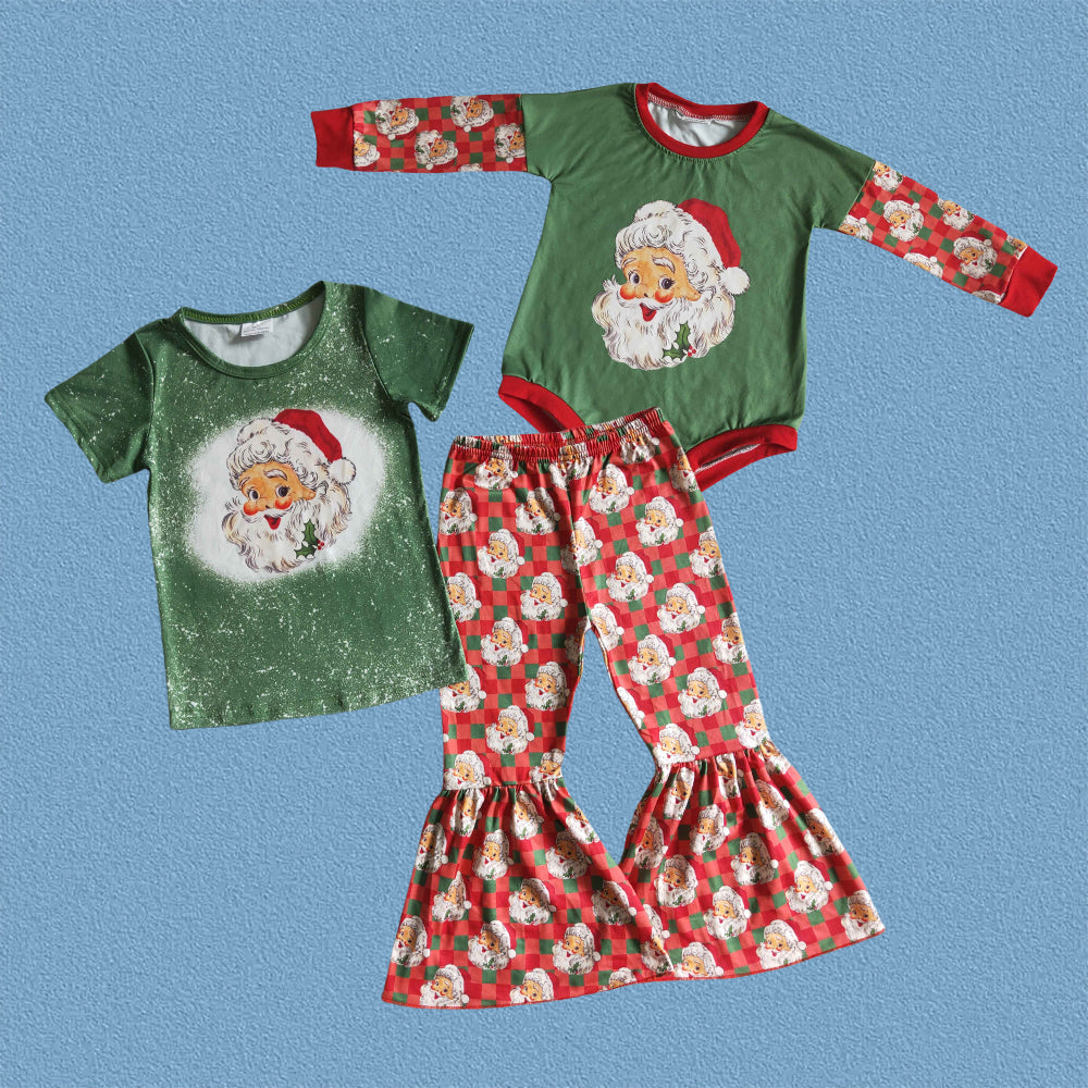 Sibling Baby Girls  Christmas Santa Bell Bottom Pants Set/ Romper