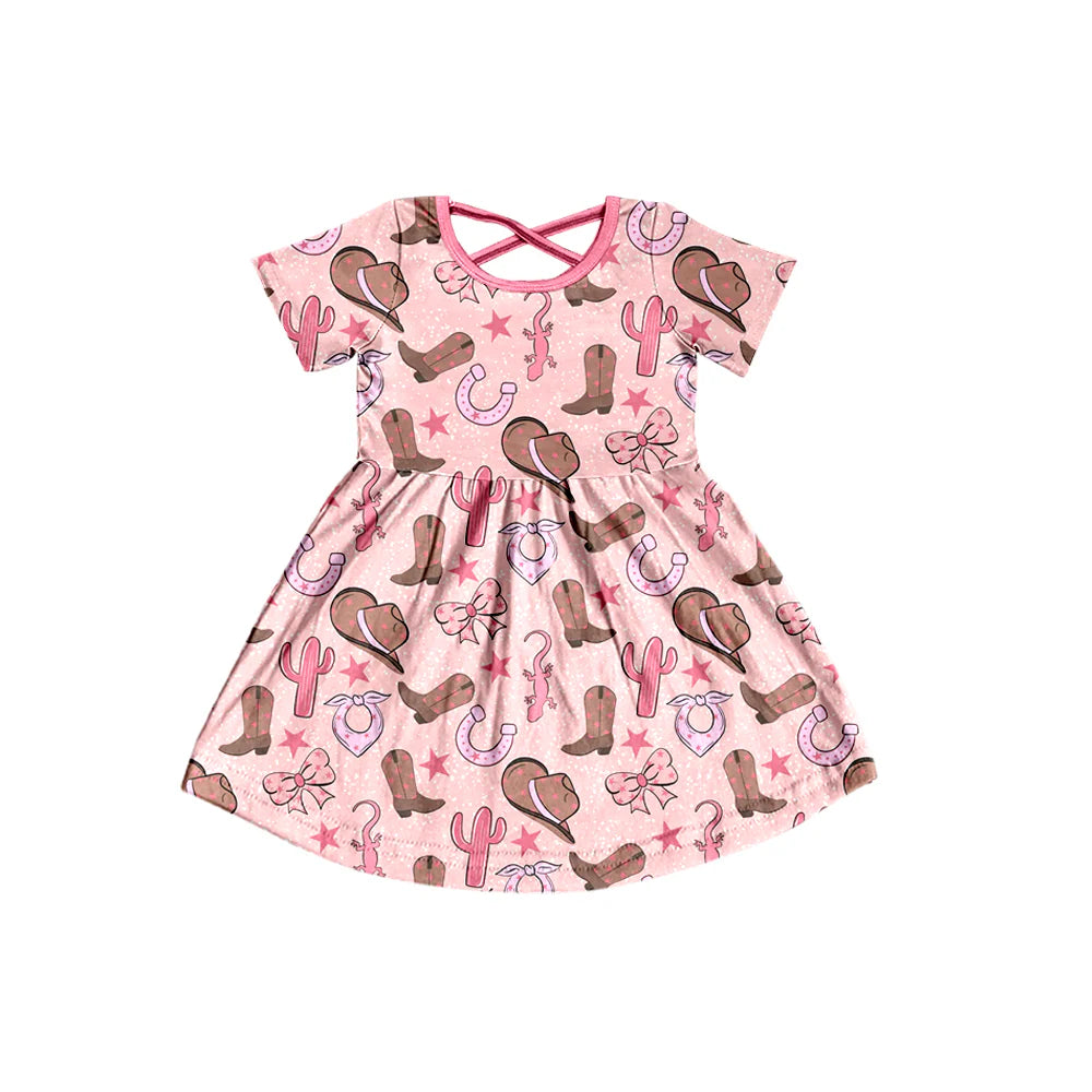 Preorder , 5 MOQ Baby Girls Western Boots Pink Short Sleeve Dress
