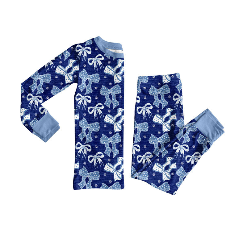 Preorder , 5 MOQ Baby Girls Blue Bows in navy long sleeve pajama set