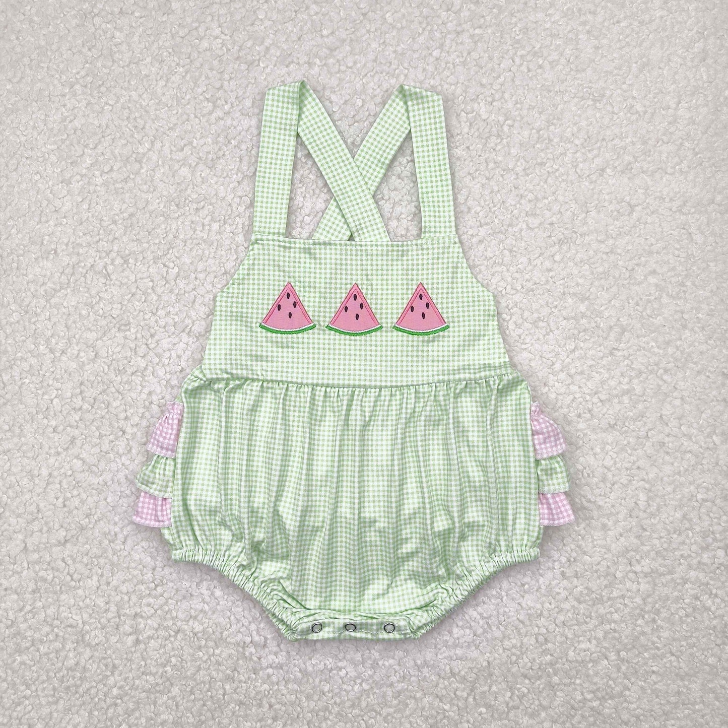 Baby Girls Pink Flutter Sleeves Watermelon Green Plaid Rompers