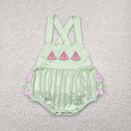 Baby Girls Pink Flutter Sleeves Watermelon Green Plaid Rompers