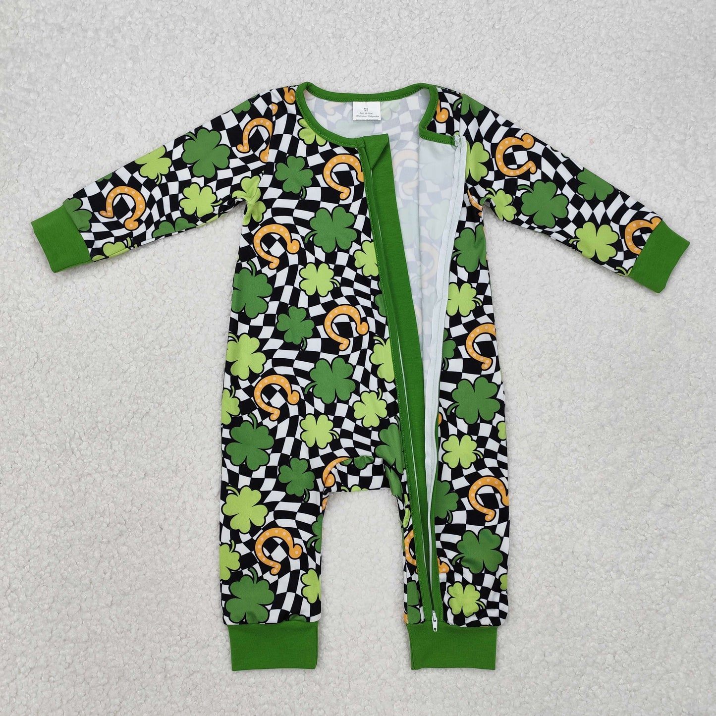 Baby Green Long Sleeves Clovers Print St Patrick Zipper Romper