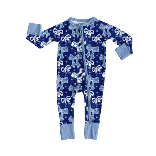 Preorder , 5 MOQ Baby Girls Blue Bow Long Sleeve Footed Romper