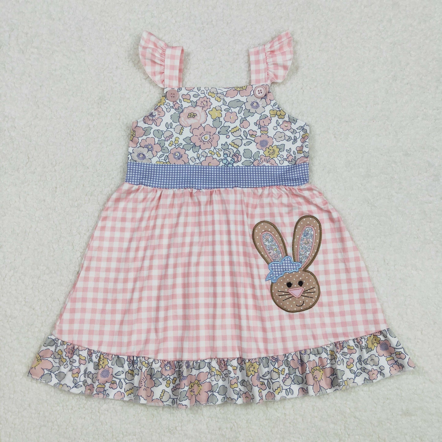 Baby Girls Pink Plaid Flutter Sleeves Embroidery Bunny Floral Easter Dress