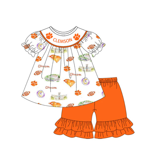 Preorder , 5 MOQ Baby Girls Clemson Team Tunic Top Ruffle Shorts Clothes Sets